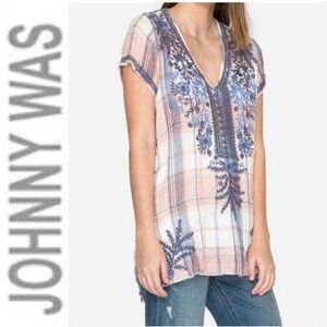 NEW Johnny Was Lila Jo Drape Plaid Tunic Top Embroidered Hi Low Style Small
